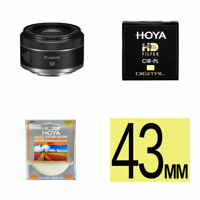  Canon Ob. RF 50mm F1.8 STM + HOYA FIL. Polarizzatore Circolare HD 43 mm + HOYA FILTRO UV C HMC 43mm slim + Filtro Diametro 43 mm
