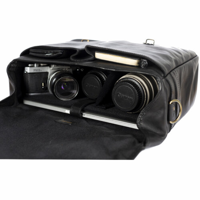 Bronkey Bronkey Roma black leather large size messenger camera bag large