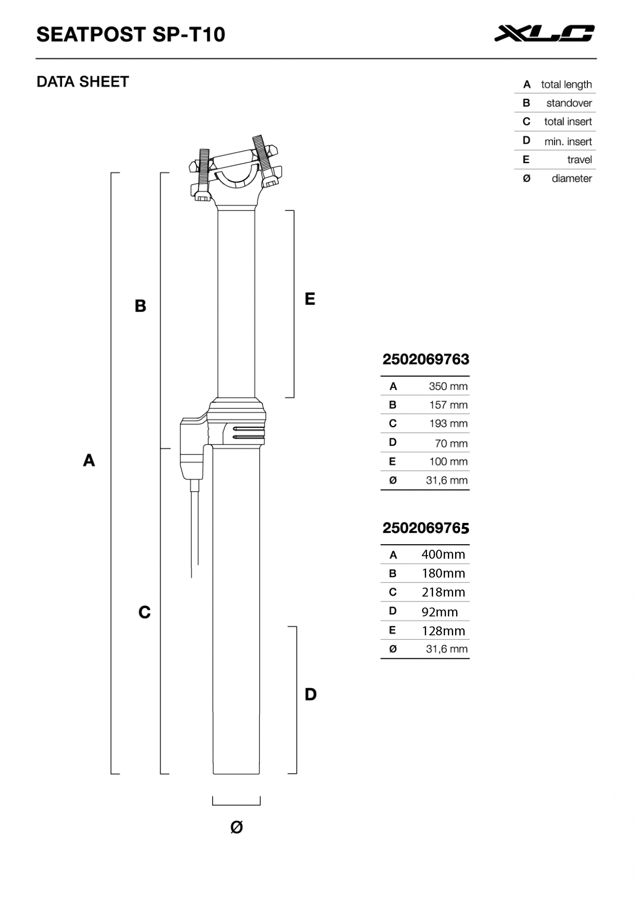 XLC XLC All MTN Reggisella telesc. SP-T010 Ø 31,6mm, 350mm, corsa 100mm