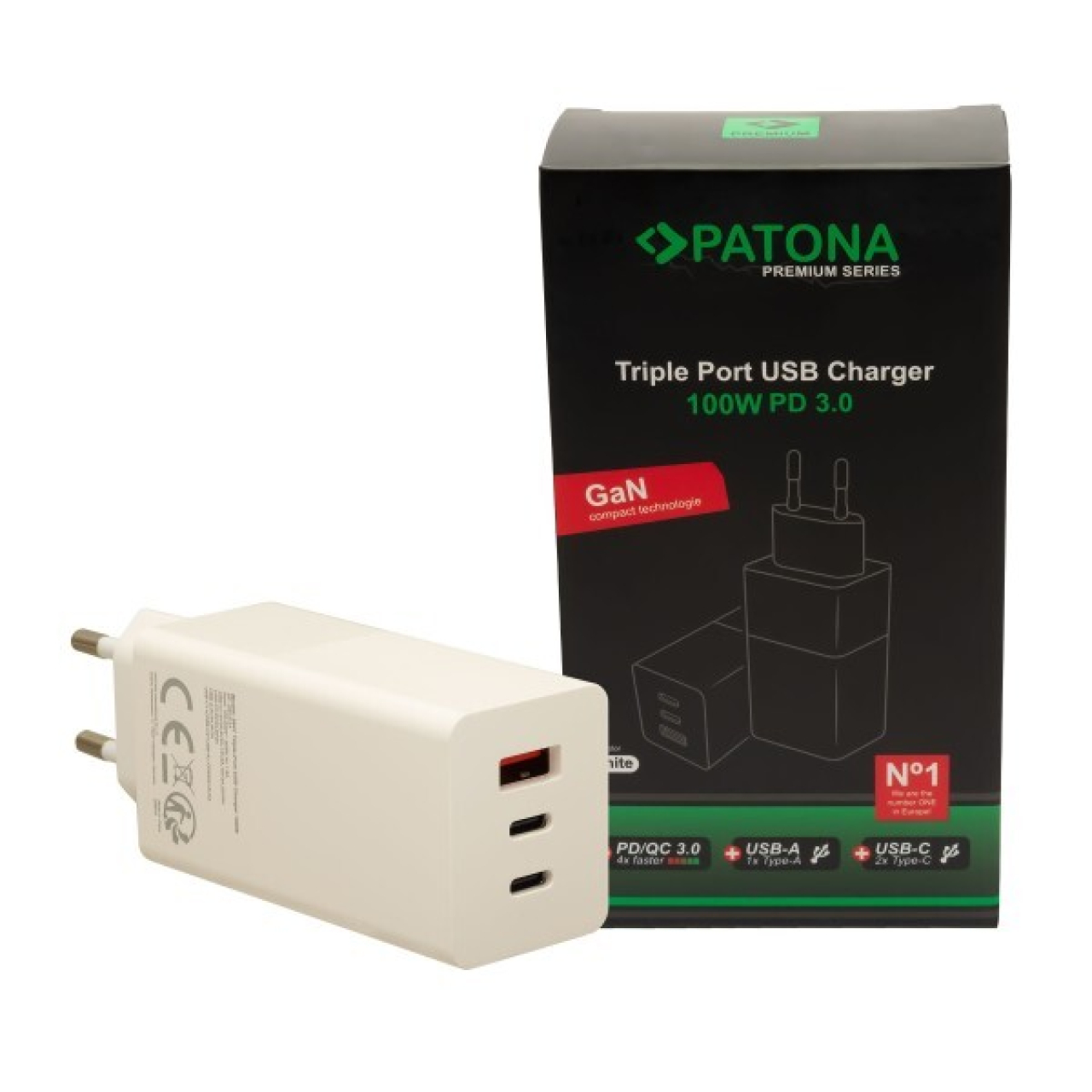 Patona Patona Alimentatore Premium GaN PD100W 2xUsb-C 1xUsb-A PD3.0 QC3.0 White