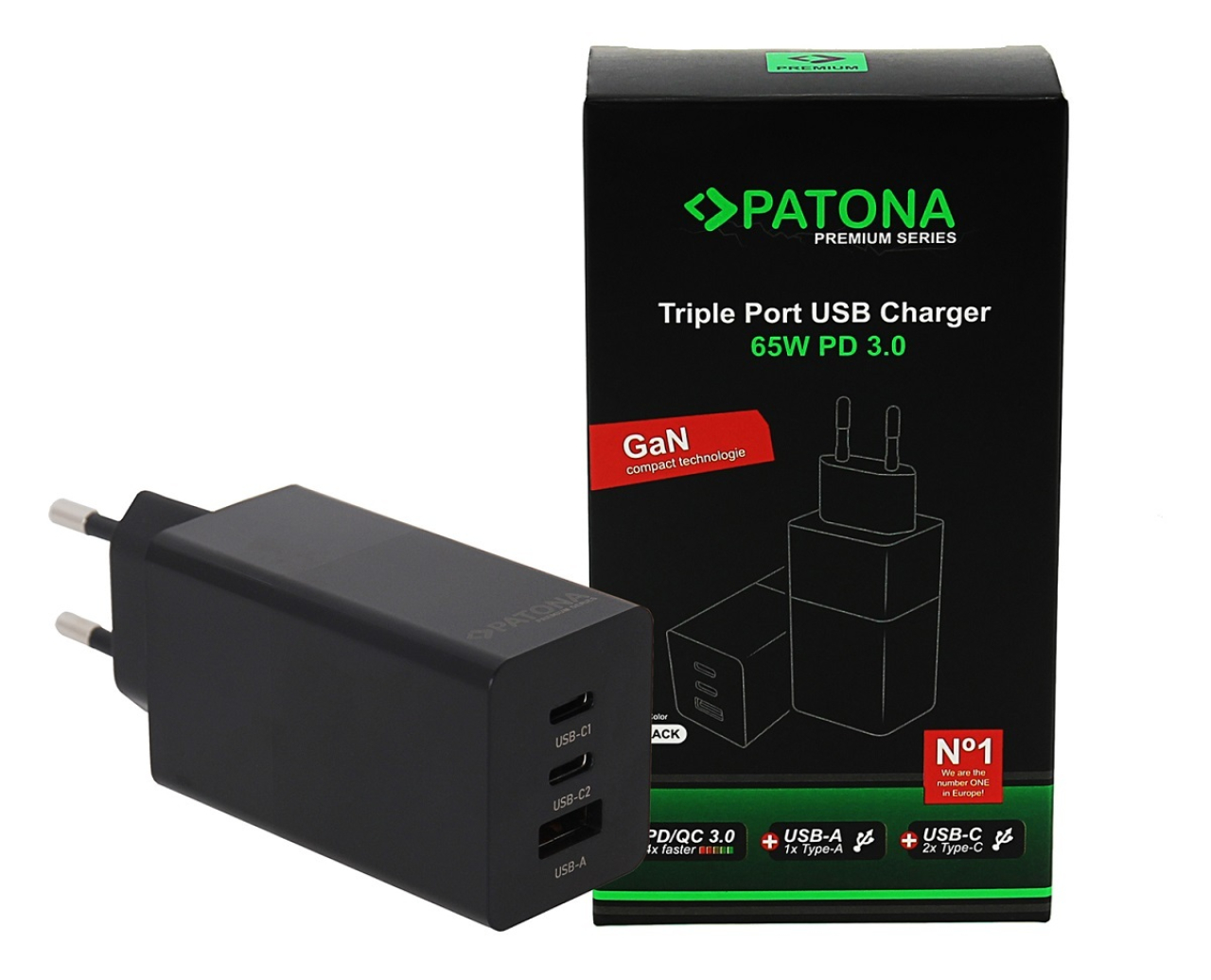 Patona Patona Alimentatore Premium GaN PD65W 2xUsb-C 1xUsb-A PD3.0 QC3.0 Black